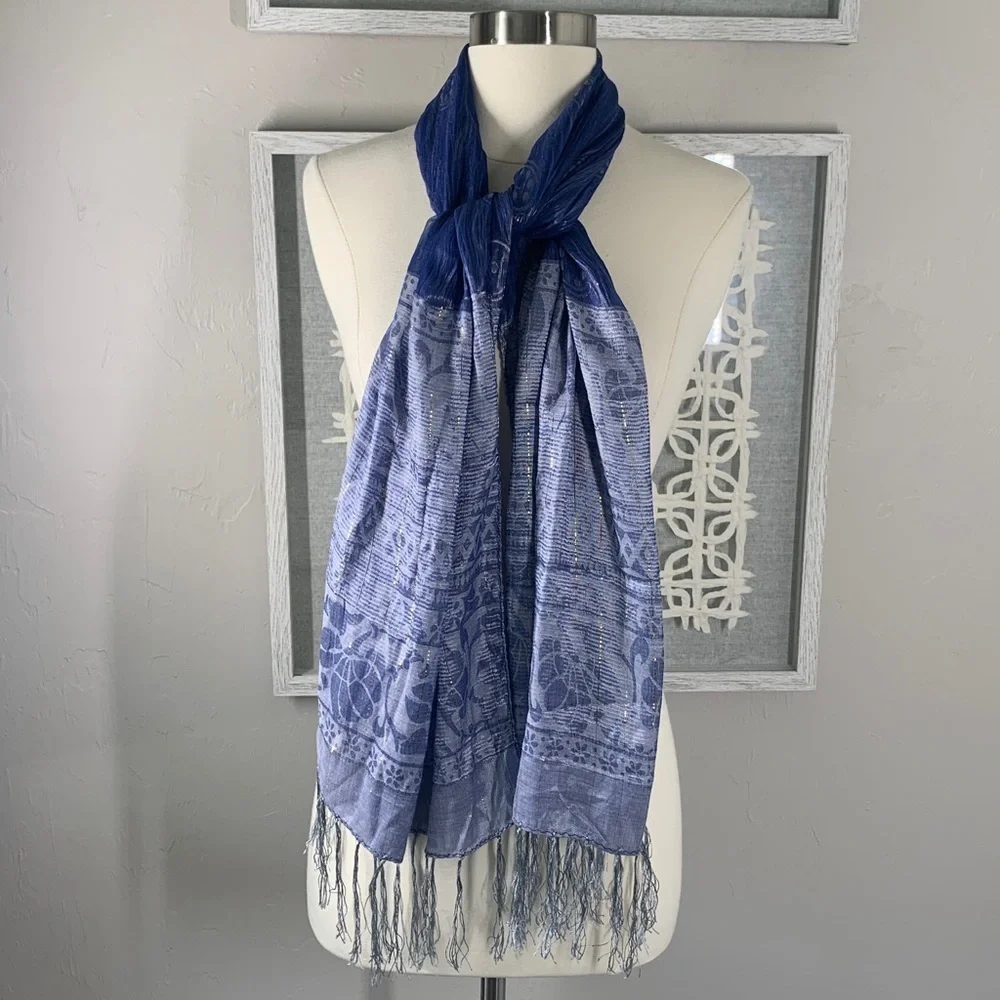 Blue Patterned silk Scarf with Fringe